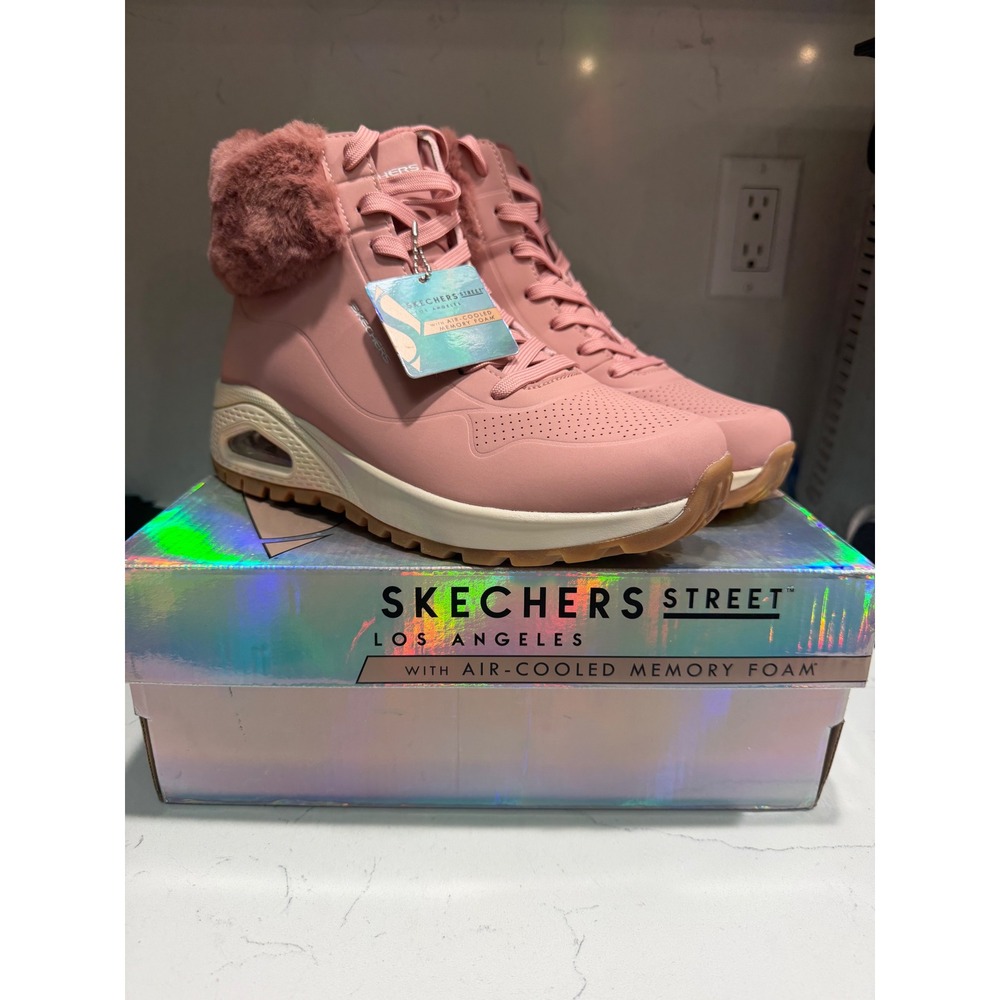 Skechers Street Uno Rugged Fall Air Rose Pink Faux Fur Boots 167274 Womens 9.5